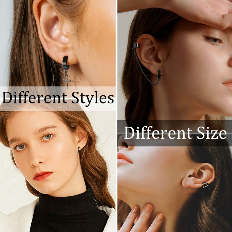 1-9 Pairs Black Color 316L Stainless Steel Non-Piercing Clip on Cross Chain Dangle Hoop Earrings CZ Magnetic Stud Earrings Set