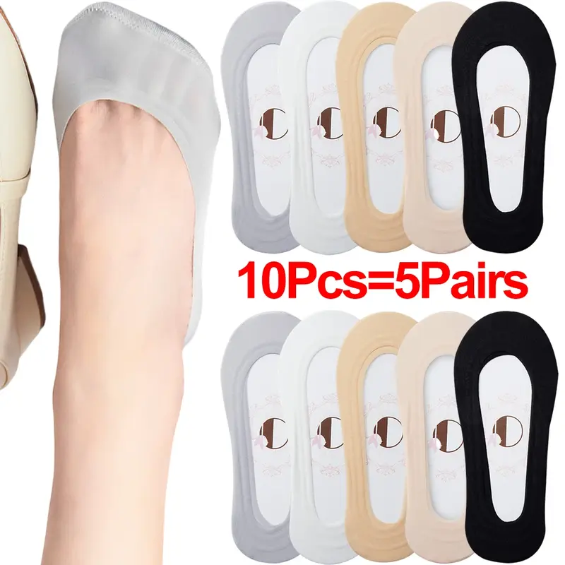 1/5 pasang sandal kaus kaki tidak terlihat wanita, kaus kaki silikon anti-selip sutra es ultra-tipis bersirkulasi kaus kaki sepatu rendah