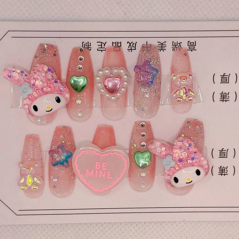 Uñas postizas de Hello Kitty, accesorios Kawaii Sanrio, relleno de Anime Y2k Kuromi, diseño de uñas postizas, joyería de manicura extraíble, regalo para niña
