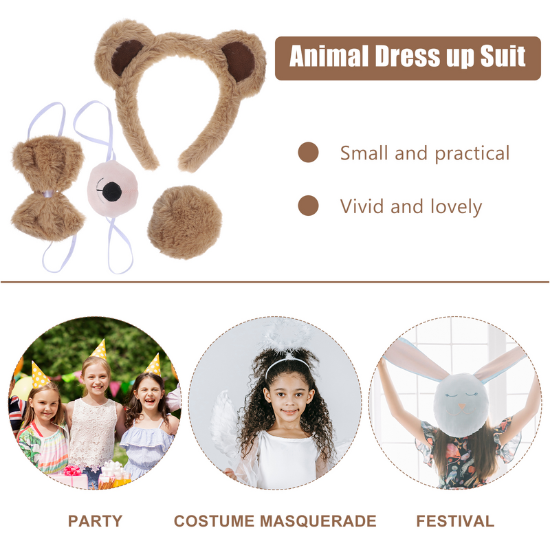 Orelhas decorativas de urso Headband, nariz falso, gravata borboleta, Cosplay Cauda Prop, Fantasia, 1 Conjunto