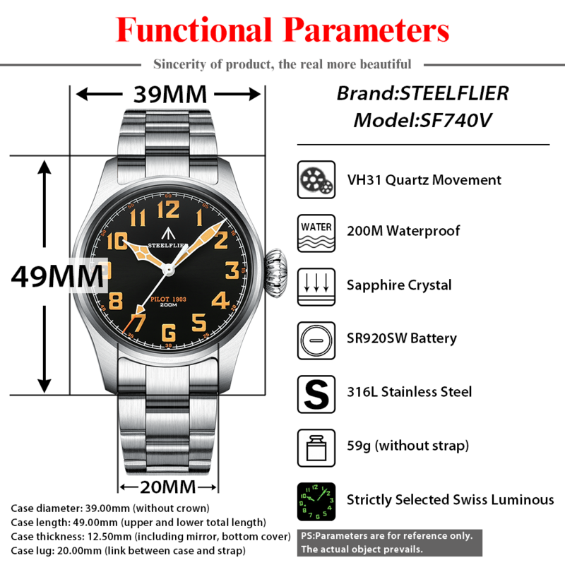 STEELFLIER-Relógio de quartzo oficial SF740V masculino, série Pilot, luminoso suíço C3, 200m à prova d'água, movimento VH31, moda masculina, novo