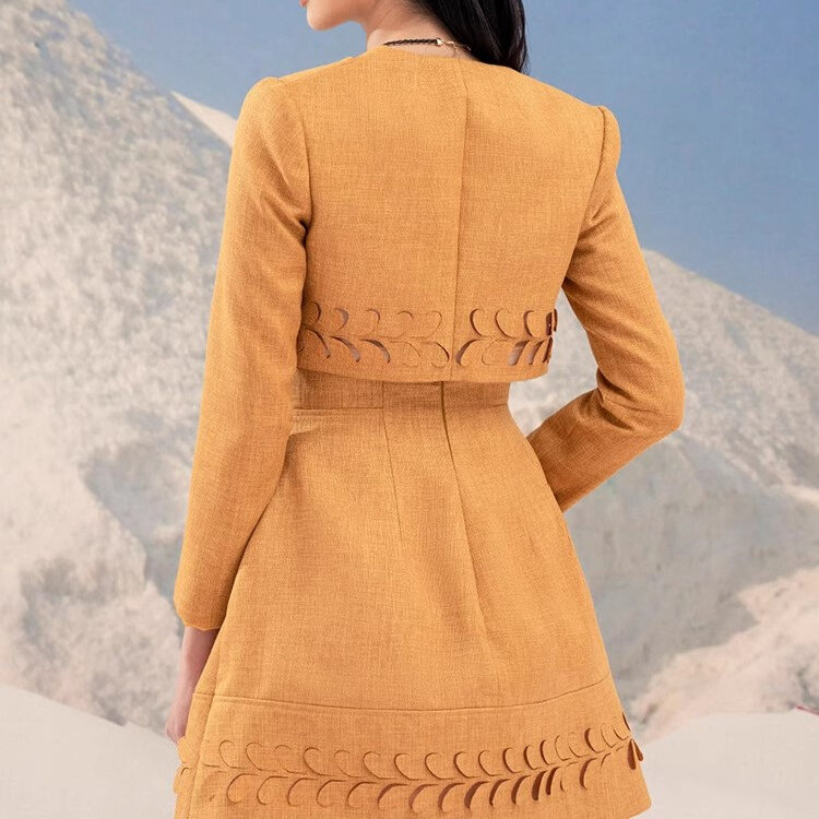 Jaqueta amarela vintage e mini vestido feminino, vestido elegante em linha A, escavar o pescoço, festa, senhoras, outono, conjuntos de 2 peças, 20234