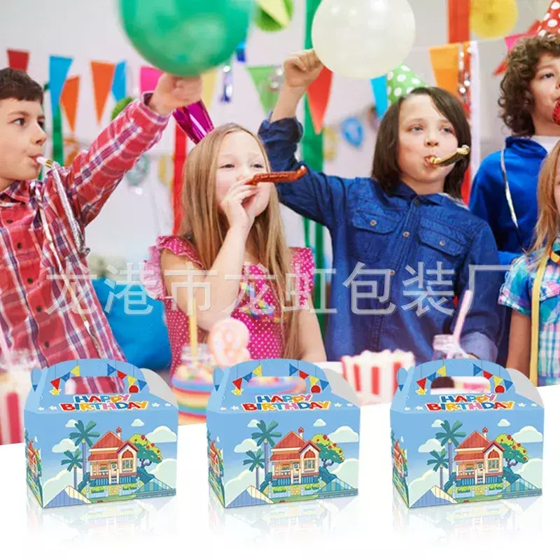 Bluey y su familia caja de regalo para niños, cartón blanco de dibujos animados, caja de regalo portátil para dulces, regalo de fiesta de cumpleaños, caja de palomitas de maíz portátil