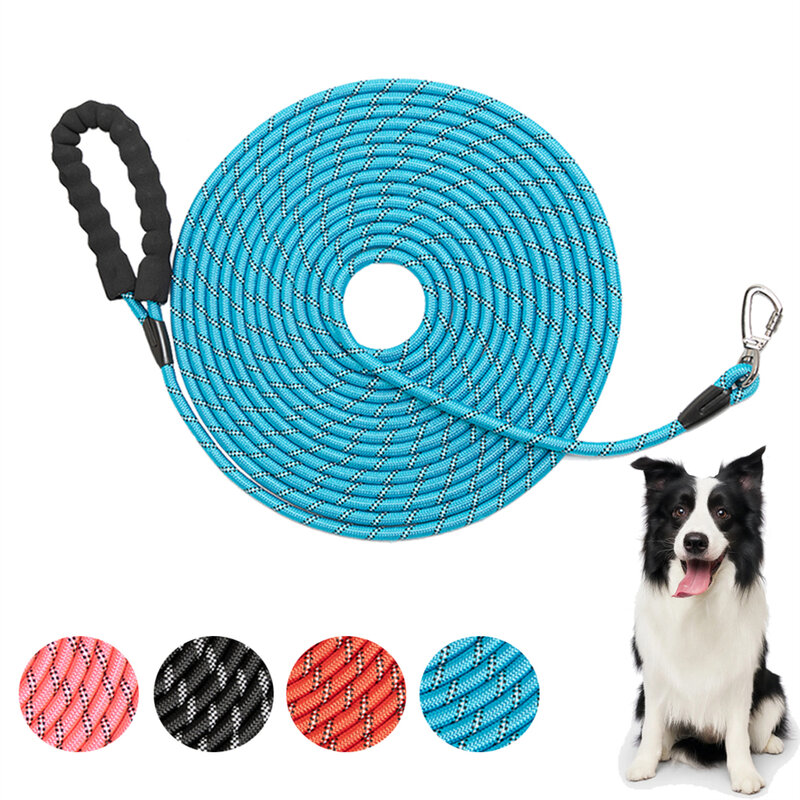 Trela reflexiva longa do treinamento do cão, gancho lockable, punho macio, corda de tração andando ao ar livre, cão pequeno e grande, 15m