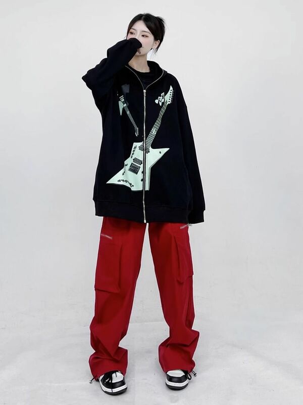 Jaket motif gitar Punk Rock Harajuku, pakaian pasangan Hoodie katun longgar tren musim gugur dan musim dingin Y2k