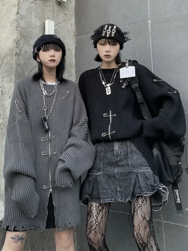 QWEEK Gothic Harajuku ถักขนาดใหญ่ผู้หญิง Pullovers ซิป MODE Korea Streetwear Goth Punk ถัก Top 2022ฤดูใบไม้ร่วง