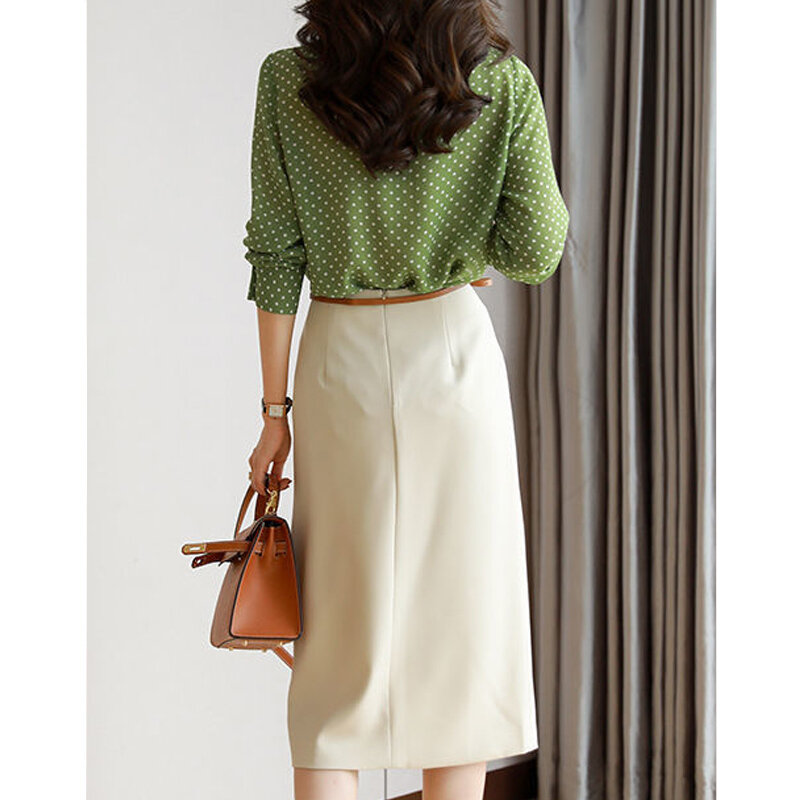 Camisa feminina de bolinhas verdes estampada de botão simples, elegante e doce laço, manga comprida, blusa de escritório solta, tops femininos, primavera, outono