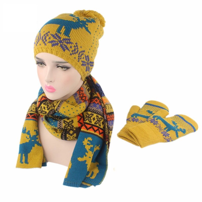 3pcs Women Hats Gloves Scarf Sets Double Winter Knit Beanie Autumn Winter Warm Adults Gloves Great Gift for Girlfriend