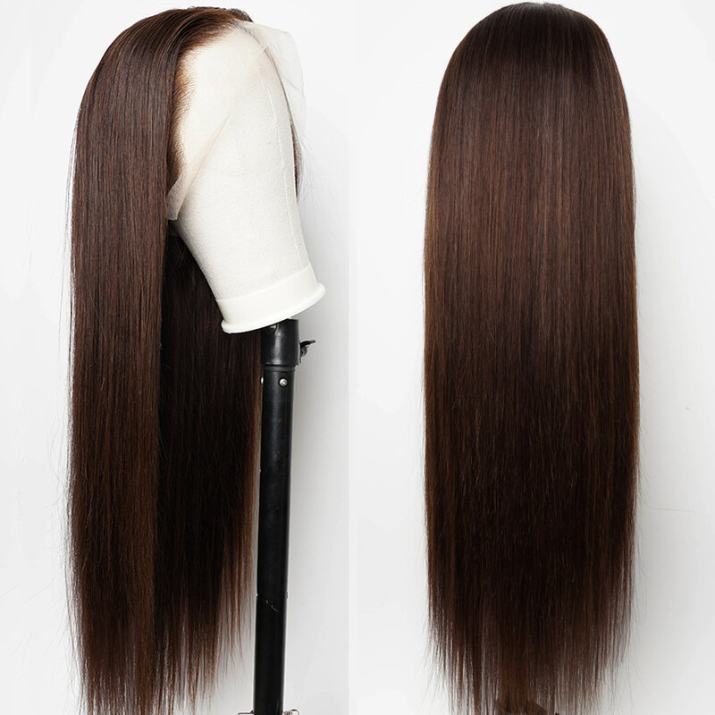 Peluca de cabello humano liso con encaje Frontal para mujer, pelo Remy indio predespuntado, color marrón oscuro, densidad de 200, 13x4
