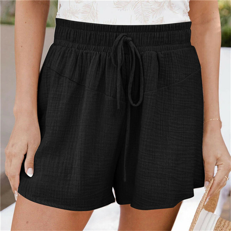 Celana pendek kasual musim panas untuk wanita, celana pendek longgar pinggang tinggi elastis katun Linen celana pendek liburan pantai celana olahraga wanita