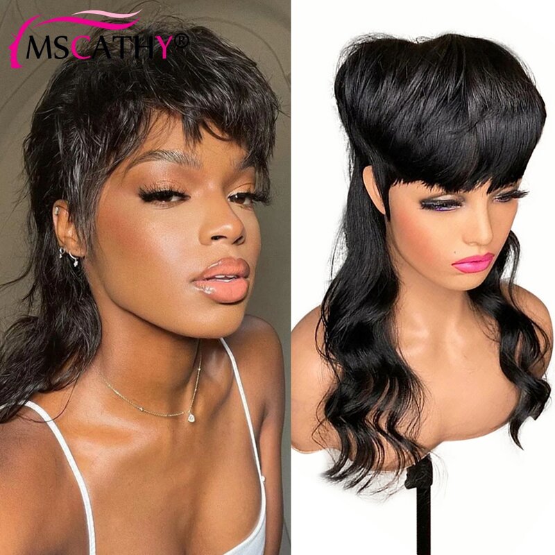 Full Machine Made Human Hair Wigs Wavy Short Pixie Cut Wig with Bangs Glueless Brazilian Remy Hair Wigs for Women Ready to Wear