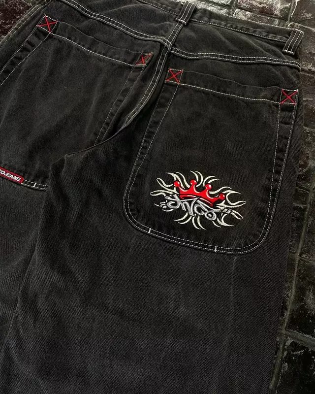 Padrão de bordado vintage Jeans Baggy para homens e mulheres, Hip Hop Street, perna larga, calças jeans grandes, calças góticas pretas baixas, Y2K