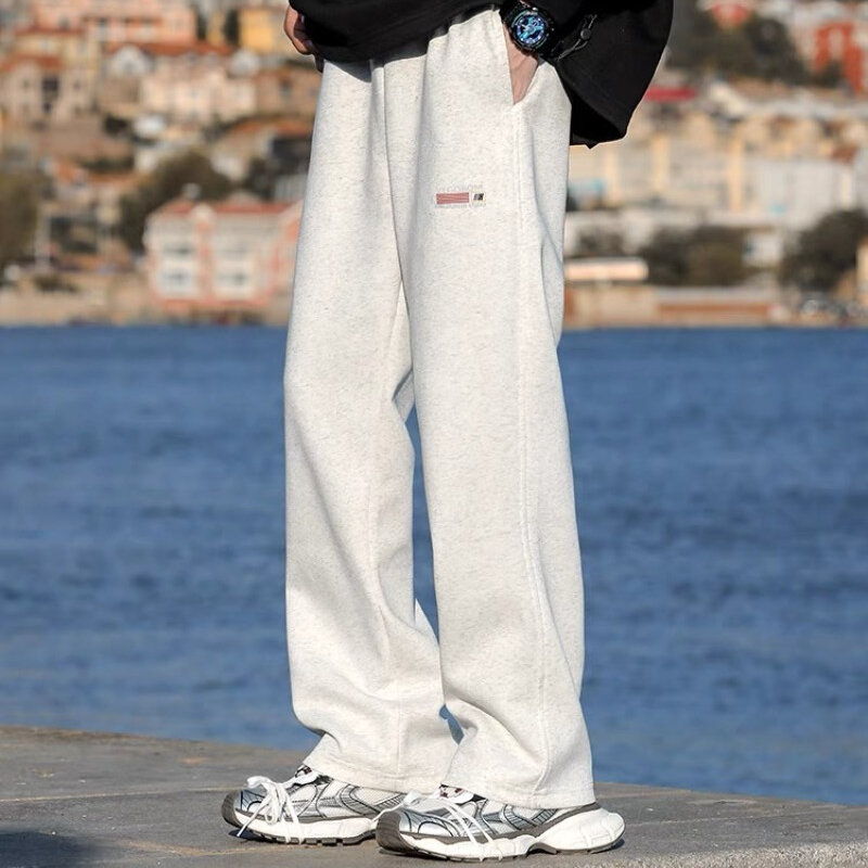 Celana olahraga pria, celana kasual warna Solid musim gugur dan musim dingin 2024, celana panjang penuh penuh pinggang tinggi kaki lurus Amerika