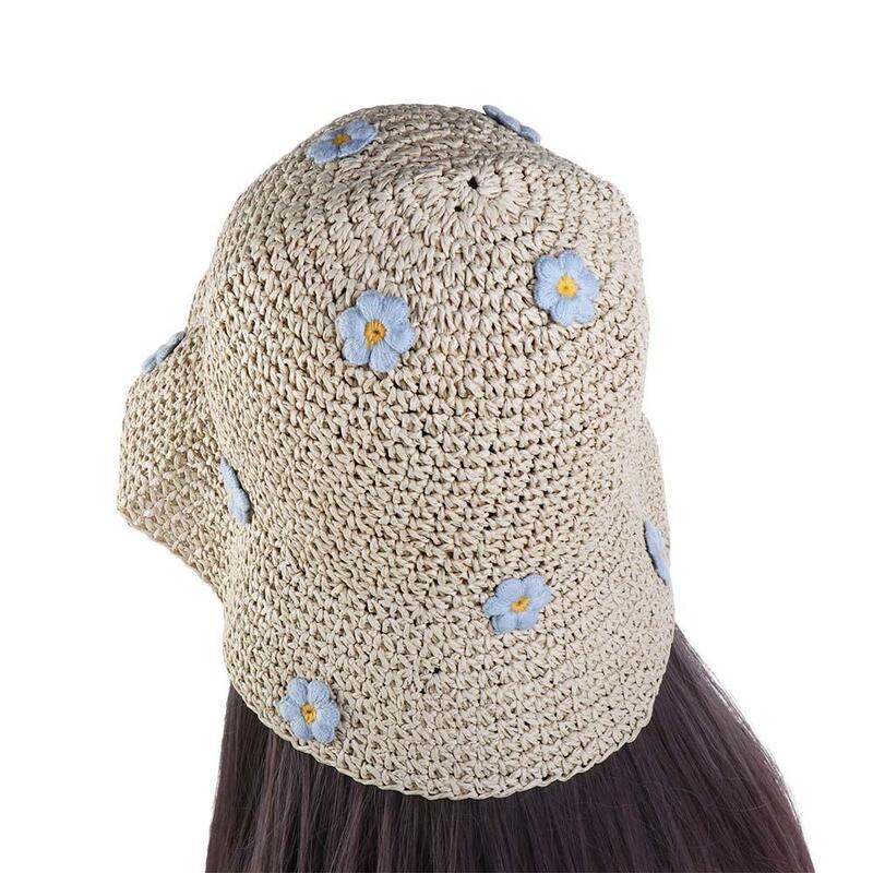 Chapéu de palha boho dobrável feminino, chapéu de praia plano, proteção UV, protetor solar, feriado, flor