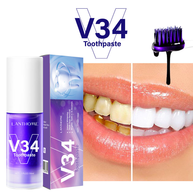 V34 korektor pasta gigi profesional, busa penghilang noda kopi pembersih dalam, korektor pasta gigi ungu 30ml