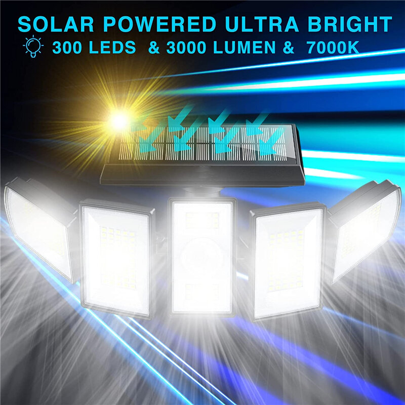 Luces solares con Sensor de movimiento para exteriores, 300 LED, 7000K, 5 niveles de brillo, 3 modos de iluminación, ángulo de 360 °, luz de inundación de seguridad impermeable