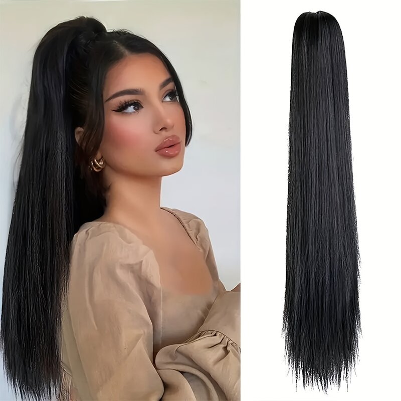 Osso Straight Claw Clip-On Ponytail extensões de cabelo para mulheres, 22 ", longo Hairpiece sintético, cabelo falso, tranças, peruca de cabelo