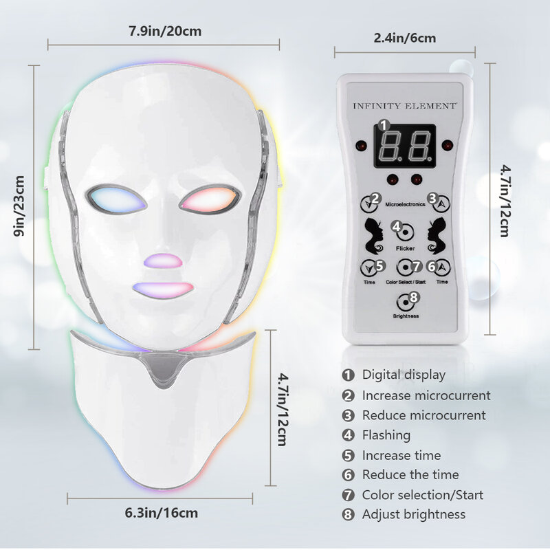 Máscara de belleza para rejuvenecimiento de la piel, fotones infrarrojos, incluye máscara para el cuello, 7 colores, multifuncional, antienvejecimiento Para desvanecer cicatrices