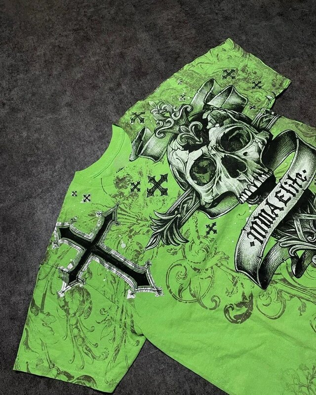 Harajuku Y2K Retro Skull t-shirt con stampa grafica oversize girocollo da uomo Street Hip-hop Graphic Streetwear Casual a maniche corte