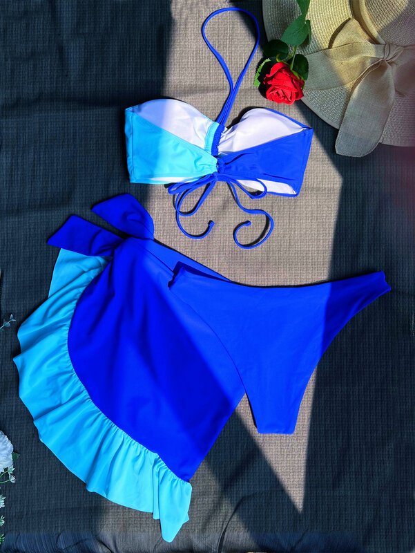 Женские комплекты бикини с лямкой на шее, комплект из трех предметов с оборками, обложкой и юбкой, купальник в стиле пэчворк, купальный костюм, пляжные костюмы, бикини