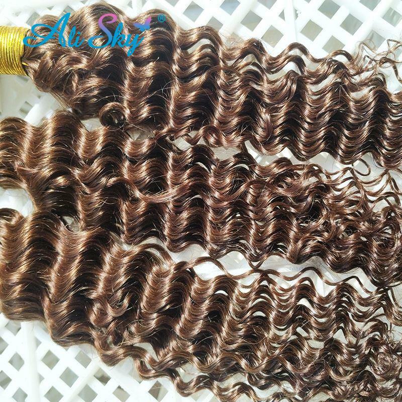 Mechones de cabello humano Marrón Claro, cabello rizado profundo n. ° 4 con cierre de encaje 4x4, 3 mechones de tejido, tejido grueso y rizado suave completo, venta al por mayor