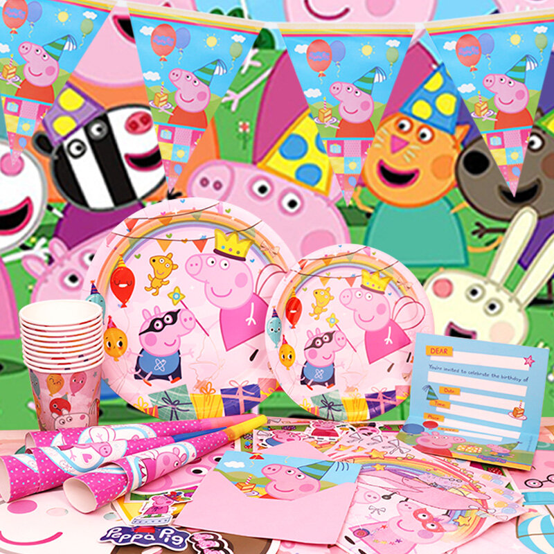 Decoración de fiesta de cumpleaños de Peppa Pig, globo de papel de aluminio para niños, suministros para eventos, vajilla desechable, pancarta, telón de fondo, regalo