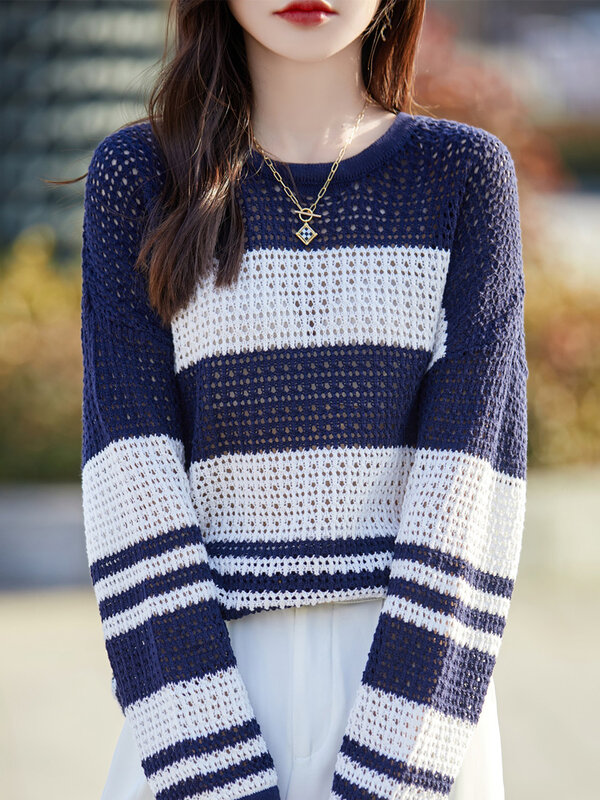 Женский свитер в полоску из чистого хлопка, Свободный вязаный пуловер с длинным рукавом и круглым вырезом