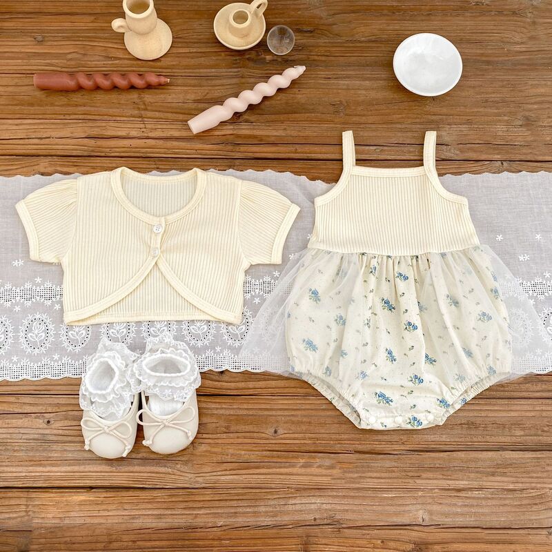 Newborn Baby Girls Summer Clothes Set: Floral Sling One-piece Bodysuit, Mesh Patchwork, Solid Coat - 2pcs for Infants Kids 0-24M