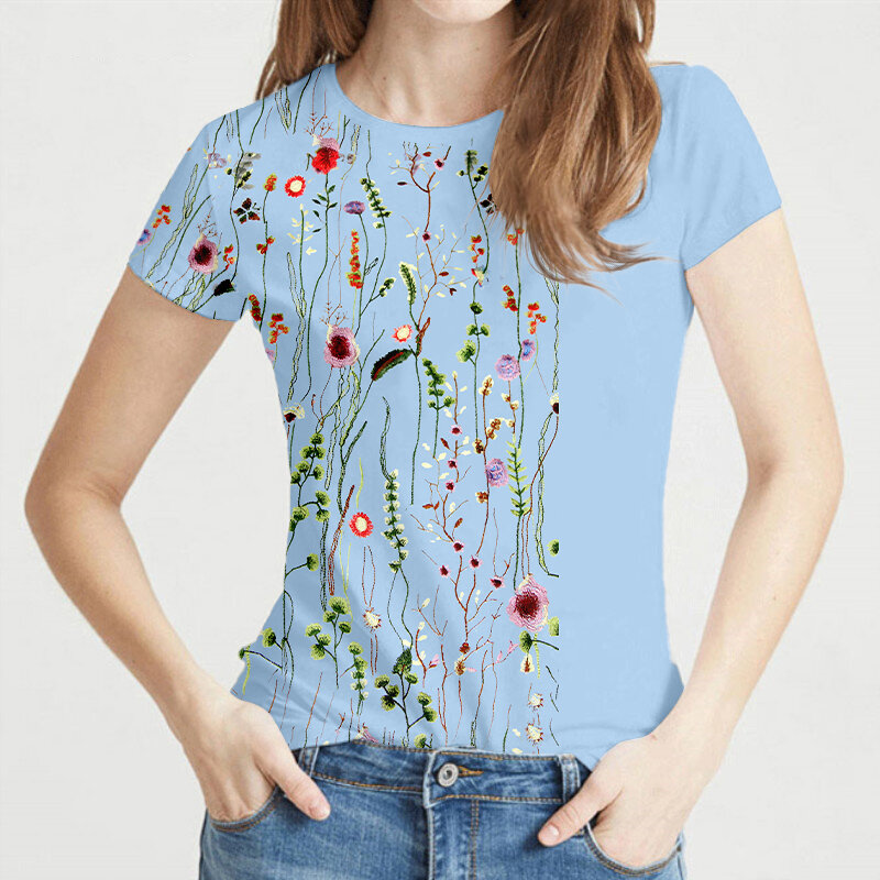 Camiseta floral feminina com decote em O, blusa solta casual, camisas de manga curta, camiseta de verão, flor silvestre