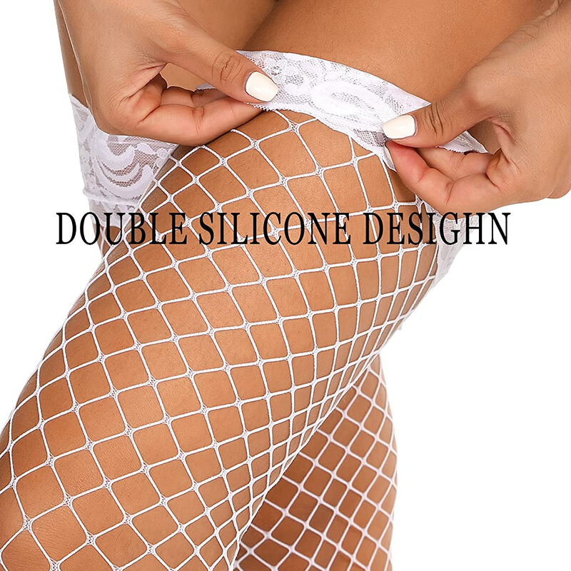 Двойной силиконовый дизайн, женские сетчатые чулки, 1 пара, Нескользящие кружевные высокие сексуальные чулки до бедра