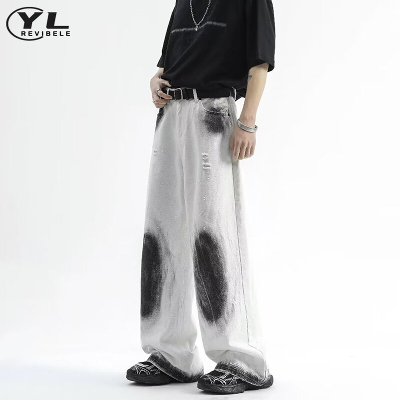 Lata 90. Luźne białe dżinsy mężczyźni kobiety Harajuku Retro dziurka Tie-Dye szerokie nogawki spodnie dżinsowe główna ulica Oversize proste spodnie dżinsowe nowość