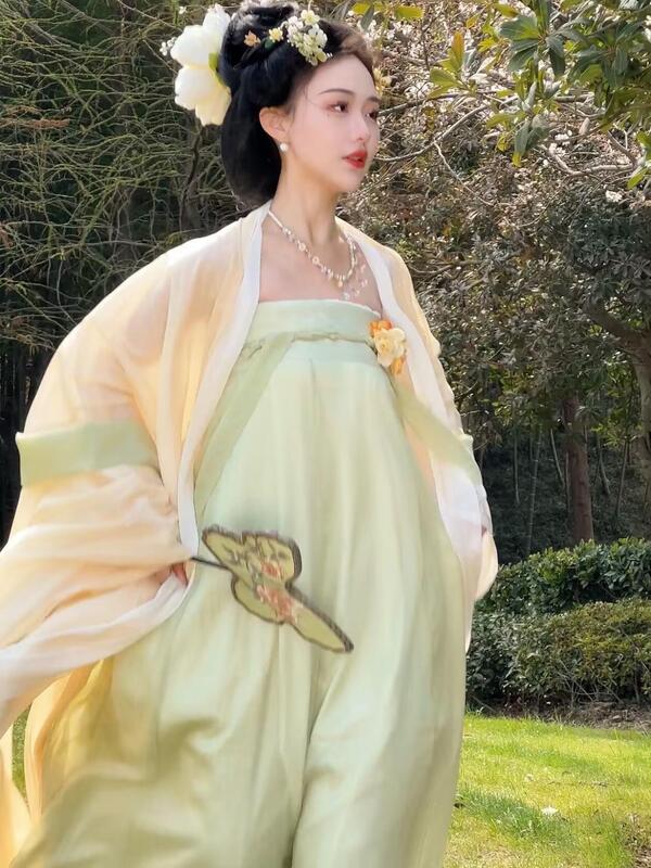 Conjunto de saia de peça única da dinastia hanfu tang chinesa, camisa de manga grande princesa antiga, elegante, vestido de fada, primavera