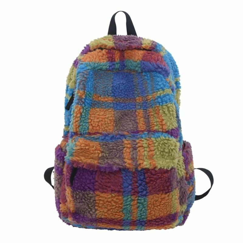 Korean Style Colorful Plaid Backpack Cute Geometric Large Capacity Lamb Fleece Backpack Strip Preppy Trendy Shoulder Bag Girls