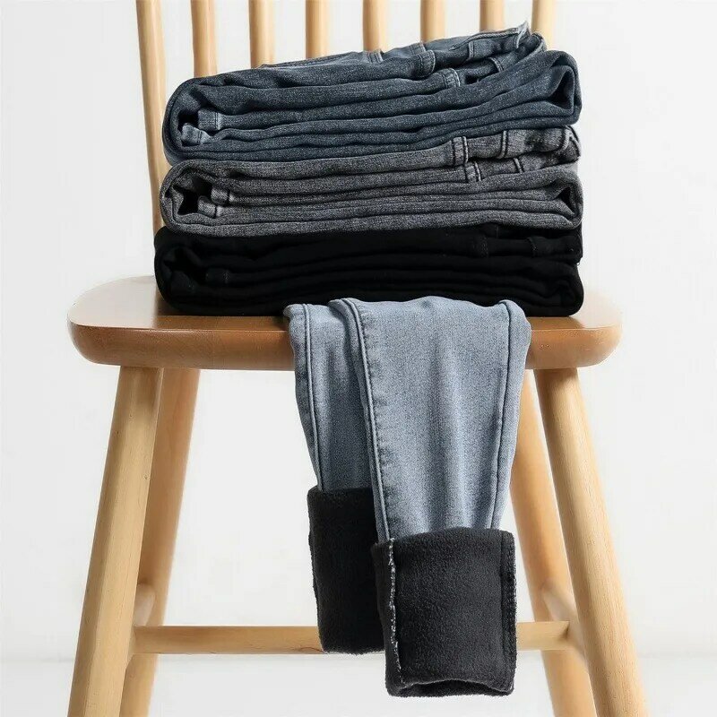 Jeans skinny grosso com estiramento de pelúcia, calça jeans vintage, leggings até o tornozelo, jean quente, mais veludo, inverno, outono, 2023