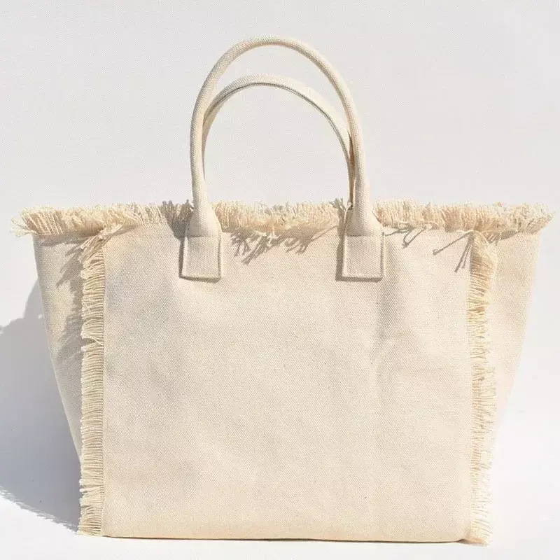 Bolso de lona de algodón con flecos para mujer, bolsa informal con diseño de flecos, marca comercial personalizada, venta al por mayor, LW026