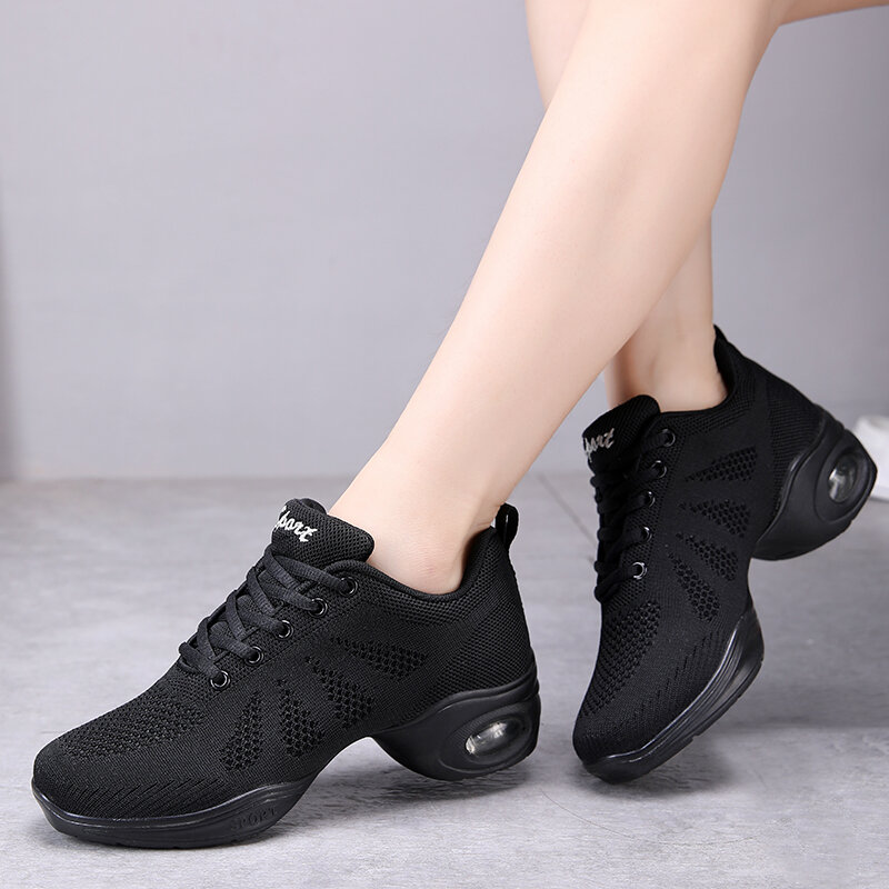 รองเท้าออกกำลังกายผู้หญิงน้ำหนักเบาระบายอากาศได้มีเชือกผูกรองเท้าพลาสติก sepatu kets dansa แจ๊สที่ทันสมัย
