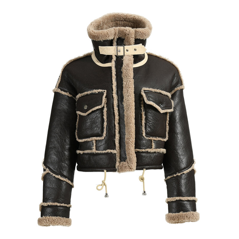 Casaco de pele shearling luxuoso para mulheres, jaqueta de couro de carneiro real, mangas completas, casaco quente para senhoras, novo estilo inverno 2022