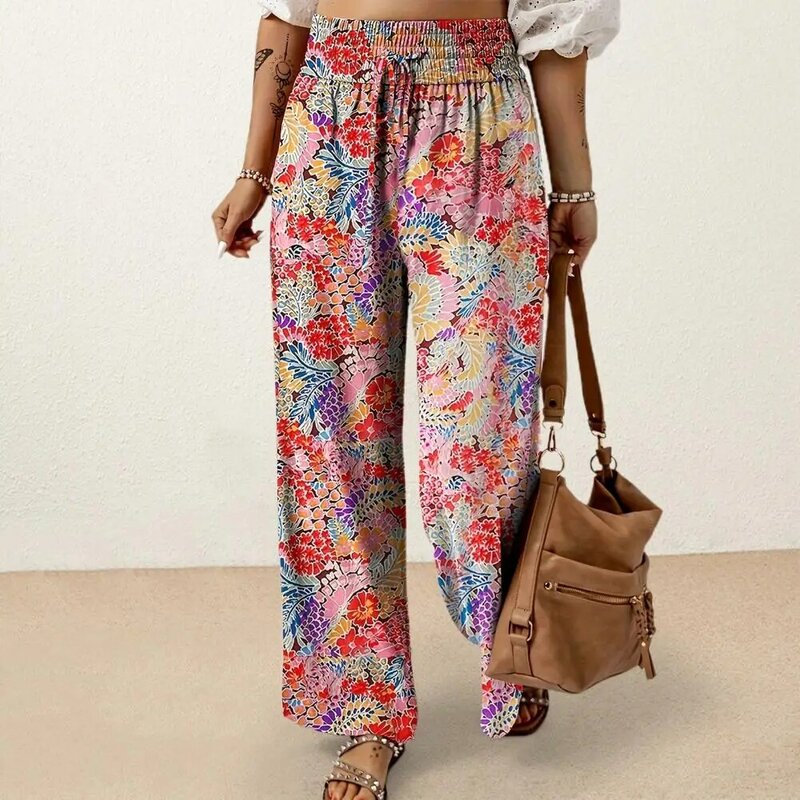 Женские широкие брюки с цветочным принтом, широкие брюки с высокой талией и регулируемыми карманами