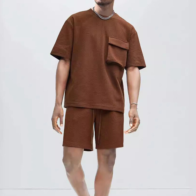 Sport Herren zweiteilige Anzüge Sommer Freizeit Kurzarm Tasche Design T-Shirt und Shorts Outfits Männer Kleidung lässig einfarbig Sets