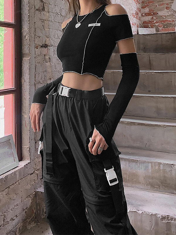 Женская футболка в стиле готика Goth Dark, черная футболка в стиле пэчворк с открытым плечом и оборками на подоле Y2k