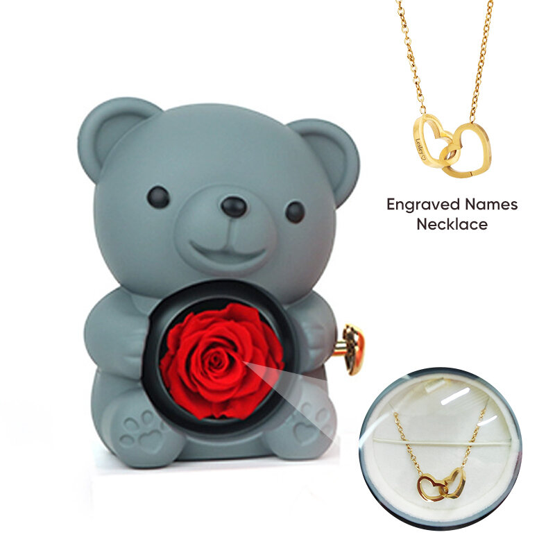 Heart Engraved Name Necklace Eternal Rose Flower Hug Bear Gift Box For Mom Girl Mother Day Gift 2024 Luxury Romantic Accessories