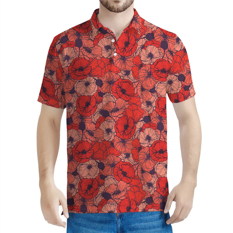 Polo graphique à fleurs rouges rétro pour hommes et femmes, t-shirt à fleurs imprimées en 3D, t-shirts à boutons décontractés, manches courtes, été