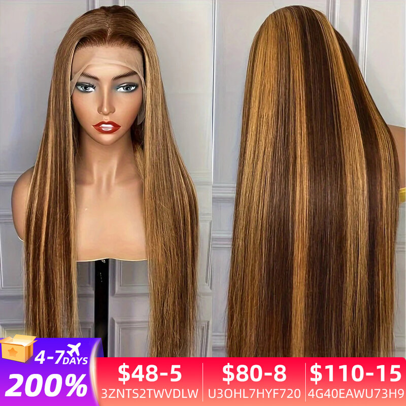 Straight HD Lace Frontal Wig para Mulheres, Cabelo Humano Brasileiro, Ombre Colorido, Highlight Wig, 13x6