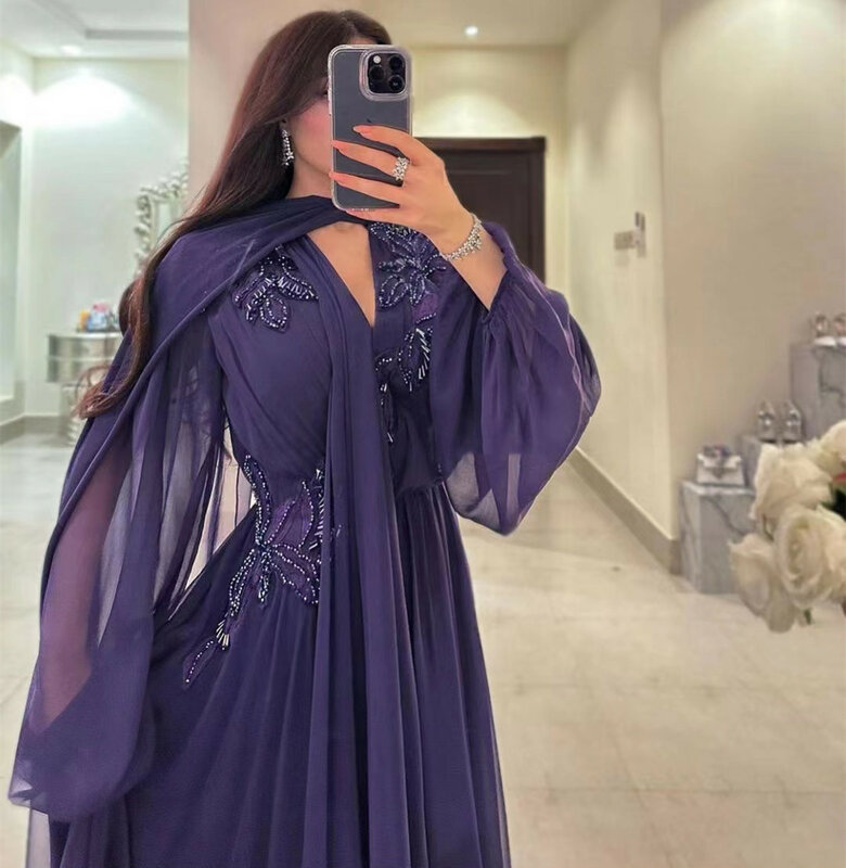 Saudi Arabia Women Wear Chiffon Prom Dresses V Neck Beaded Long Sleeves A Line Dress for Evening with Wraps Wedding Guest Gowns