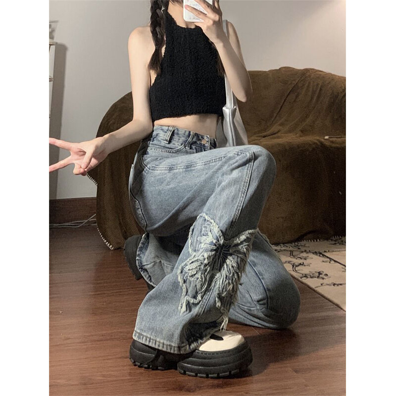 MEXZT Y2K 2000S Flare Jeans Women Vintage Butterfly Embroidery Denim Wide Leg Pants Streetwear Korean High Waist Full Trousers