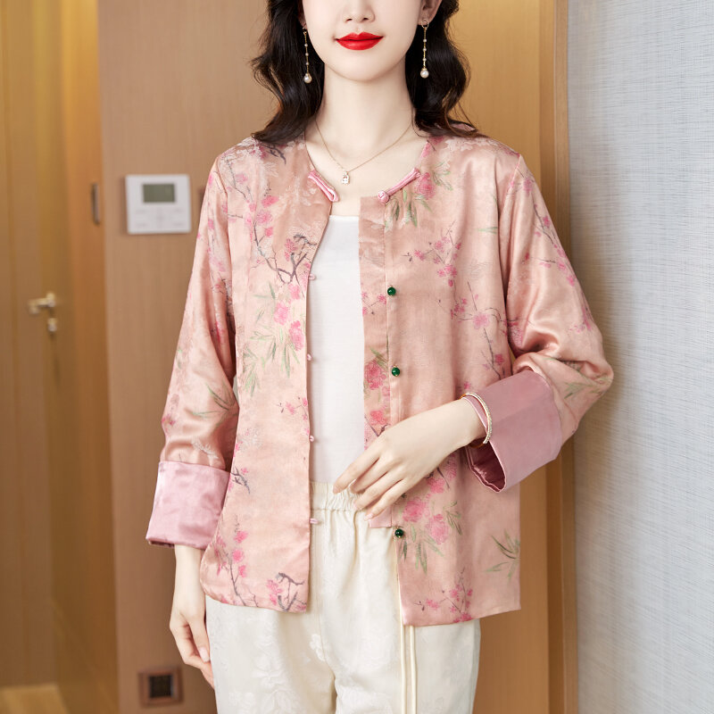 Miiiix New Chinese Tang Dynasty Pink Song Brocade Coat Women's 2024 Early Spring New Design Short Button Top Female Clothing