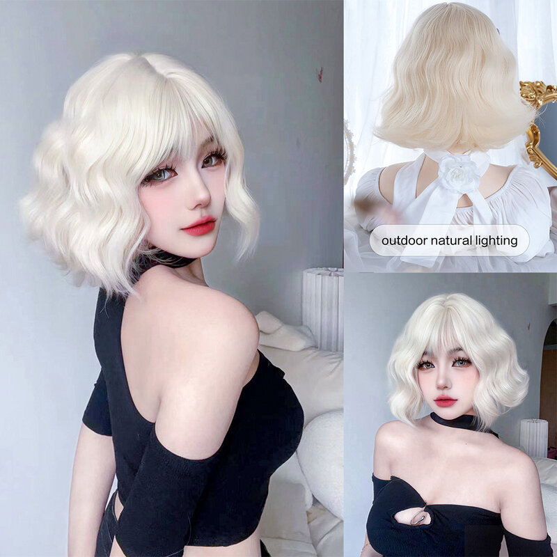 Lolita-pelucas sintéticas de Color platino con flequillo para mujer, pelo corto ondulado Natural, uso diario, Cosplay, resistente al calor, 12 pulgadas