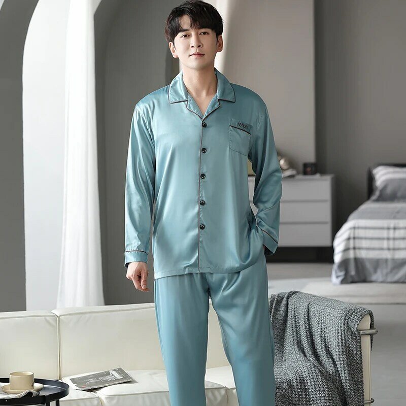 Conjunto de pijamas de seda de cetim para homem sólido manga comprida pijamas soltos M-4XL masculinos