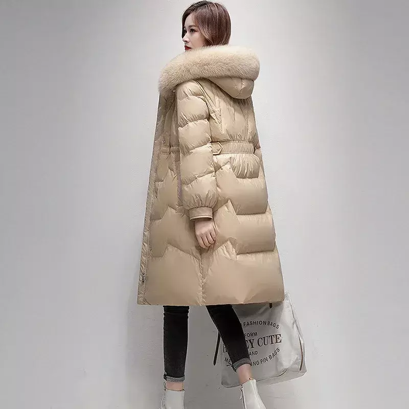 Mantel bulu bertudung untuk wanita, mantel Musim Dingin versi panjang sedang hangat ramping pas badan, mantel panjang kerah bulu bertudung 2024