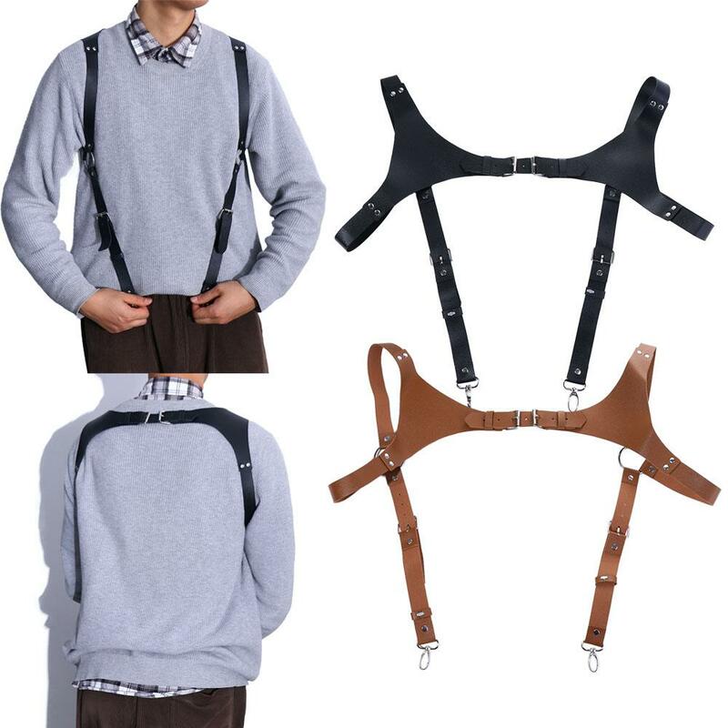 FjBraces-Bretelles en cuir PU pour hommes, clip de chemise, bretelles réglables, ceinture, pantalon